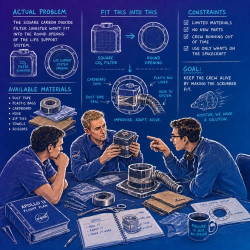 Apollo 13 CO2 scrubber illustration: engineers working out how to fit a square filter into a round opening using only the duct tape, plastic bags, cardboard, hose, zip ties, towels, and scissors on board.