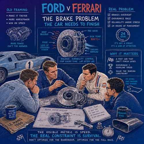 Ford v Ferrari reframe illustration: Shelby, Miles and the team studying a Le Mans brake assembly — the old framing chases more horsepower while the real problem is brake heat, fade, and 24 hours of endurance. The visible metric is speed; the real constraint is survival.