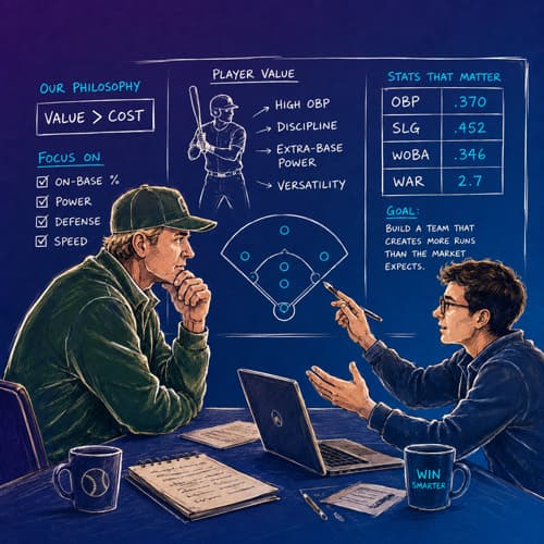 Moneyball reframe illustration: Billy Beane and Peter Brand at a desk, with notes shifting from star players to OBP, SLG, wOBA, and WAR — the goal a team that creates more runs than the market expects.