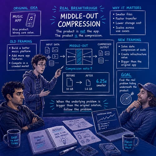 Silicon Valley reframe illustration: the original music app idea giving way to middle-out compression — the real breakthrough is the compression underneath, not the product on top.