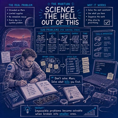 The Martian sequencing illustration: Mark Watney breaking survival into food, water, communication, energy, and time — solving the next constraint instead of trying to solve Mars.